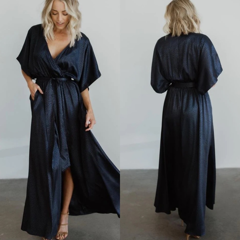 Baltic Born Black Satin Maxi Dress with Belt